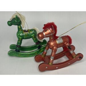 (2) Vintage 1980s Wooden Rocking Horse Red Green Christmas Ornament